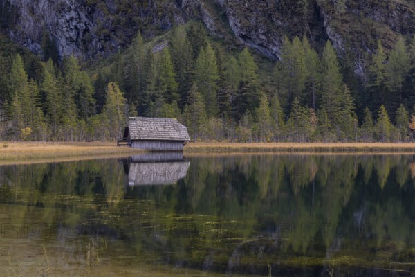 Boatshelter at Lake Stappitz in first morning light, Seebach valley, Mallnitz, Carinthia, Austria,