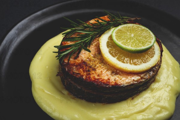 Salmon steak, fried, mashed potatoes, top view, rosemary, lemon and lime, homemade, one serving, no
