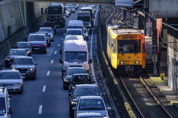Motorway A40, Ruhr expressway, heavy traffic jam, rush hour, city passage in Essen, underground