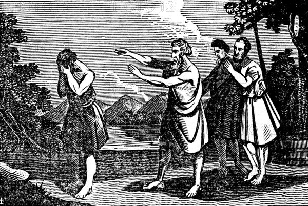 Noah rejects his son Ham, whose brothers Shem and Japheth stand behind Noah, grief, anger, mountain