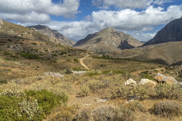 Hiking trail in the landscape of the south-west coast near Preveli, Crete, Greece, Europe