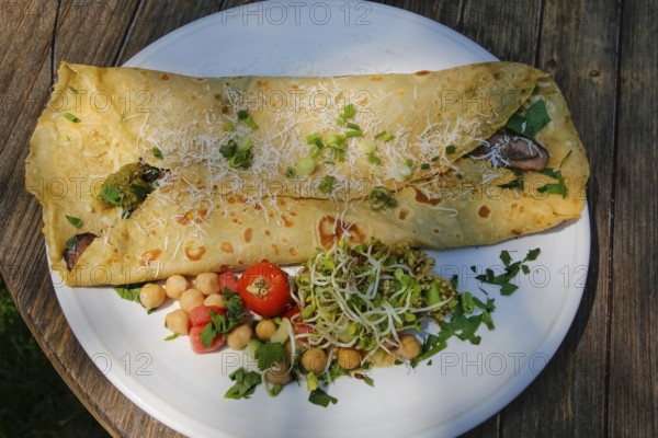 Swabian cuisine, stuffed pancake, vegetarian, mushrooms, cheese, vegetables, chickpeas, sprouts,