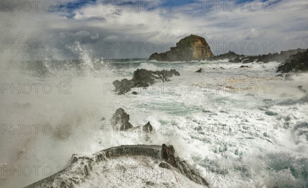 High waves on the rocks of Porto Moniz, Atlantic surf, storm, Porto Moniz, Madeira, Portugal,