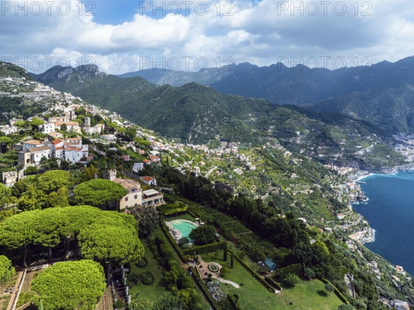 View of Ravello from a drone, Amalfi Coast, Tyrrhenian Sea, Salerno, Campania, Italy, Europe
