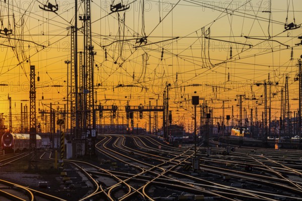 Track apron with trains, rails, points, pylons and signalling systems. Infrastructure at the main