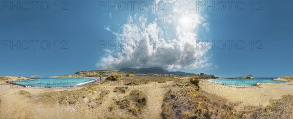 360° panorama with clear sea and Frangolimiona beach under blue sky with dramatic clouds, calm and