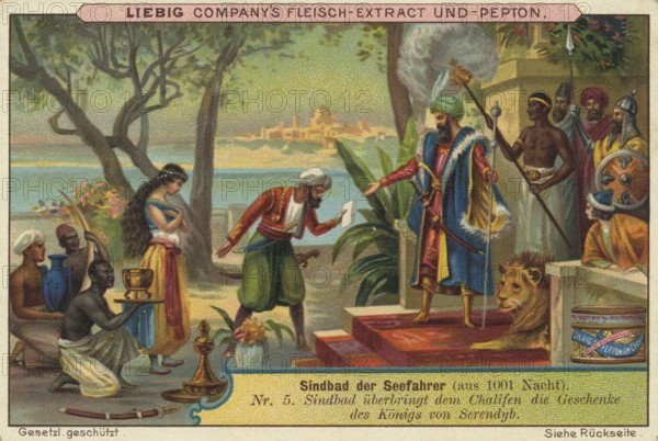 Picture series 1001 Nights, Sinbad the Sailor, 5, Sinbad presents the gifts of the King of Serendyb