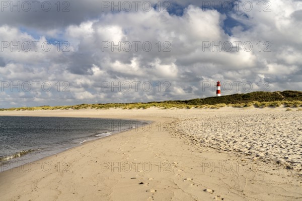Beach at the coast of Ellenbogen and the lighthouse List-Ost, List, island Sylt, district