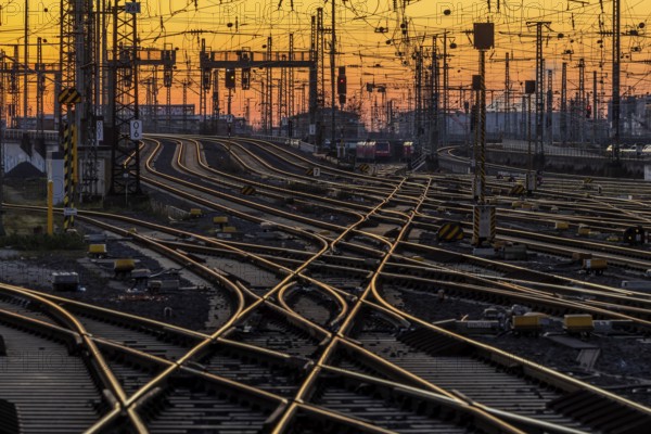 Track apron with trains, rails, points, pylons and signalling systems. Infrastructure at the main