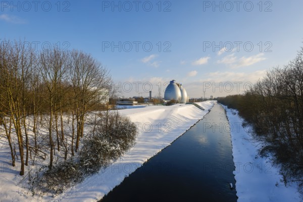 Dortmund, North Rhine-Westphalia, Germany - Sunny winter landscape in the Ruhr area, ice and snow