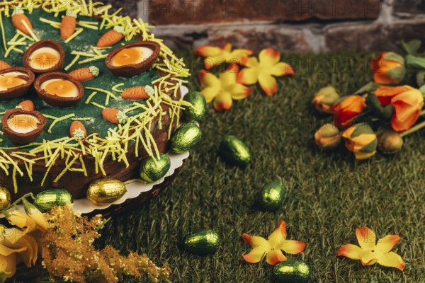 An Easter cake with carrots next to chocolate eggs and flowers on green grass