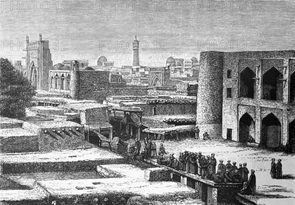 Cityscape of the oasis city of Xiwa or Khiva, old town with mosque, minaret, people, domed