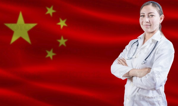 Female doctor on China flag. Doctor with crossed arms on China flag. China Health and Care concept
