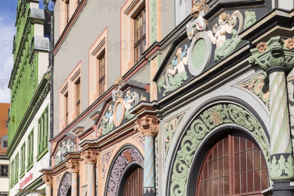 Ornate Renaissance portals on the Cranach House and the neighbouring town houses on Weimar's market