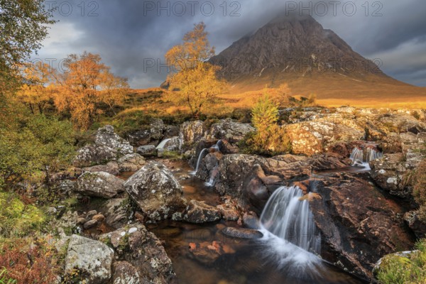 Waterfall, wild river, cloudy mood, morning light, autumn colours, autumn, mountains, Buachaille