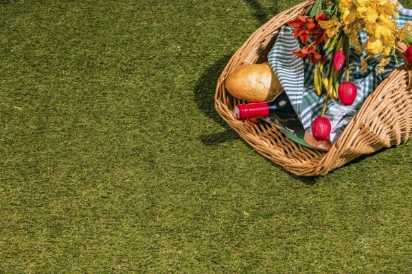 A picnic basket with bread, wine and fresh flowers lies on grassy ground