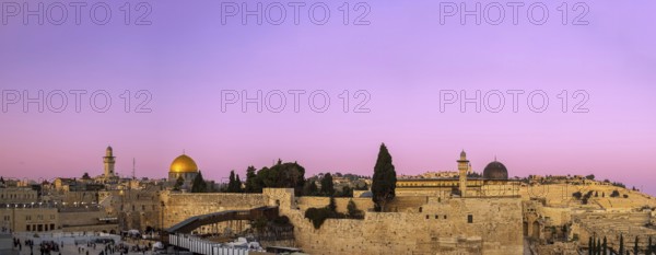 Panoramic view of Jerusalem Old City Western wall, Al Aksa, Dome of the Rock and Temple Mount
