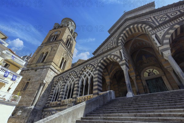 Italy, Amalfi town colorful architecture in historic city center with churches and old buildings,