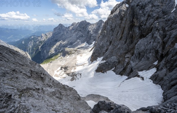 View of mountain basin with snow field of the Höllentalferner and Höllental, Zugspitze via ferrata,