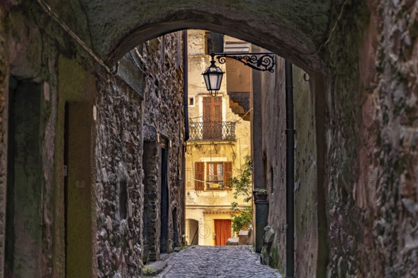 Narrow alleyways in the medieval village of Rocchetta Nervina in Val Nervia, Liguria, Italy, Europe