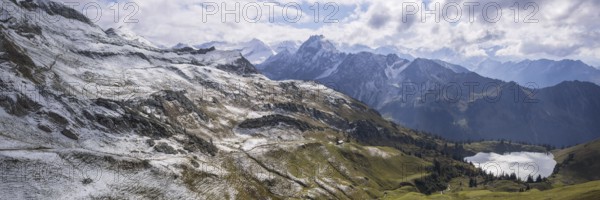 Panorama from Zeigersattel to Seealpsee, in the back left Höfats 2259m, Allgäu Alps, Allgäu,