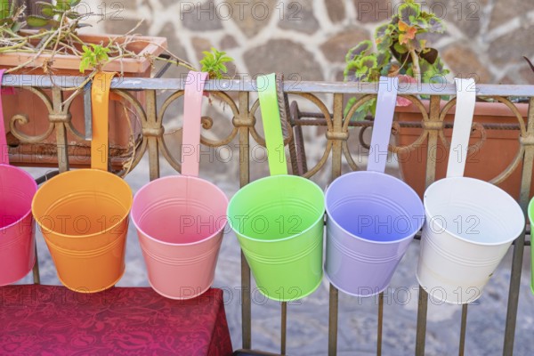 Colourful flowers pots, Castelmola, Taormina, Sicily, Italy, Europe