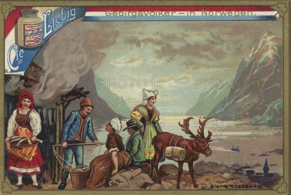 Picture series Mountain peoples, in Norway, Liebig picture, digitally restored reproduction of a