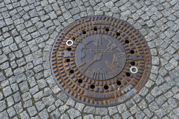 Artfully designed manhole cover on paved street in Berlin, gully cover, manhole cover, Berlin,