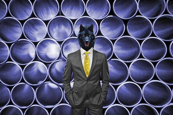 Symbolic image, wolf in a suit, industry, economy critical, exploitation, stress, trade union,