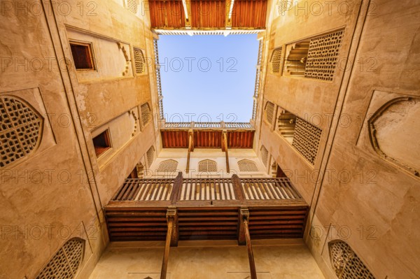 Inner courtyard of the Jabrin palace fortress, view upwards, Jabrin, near the town of Bahla,