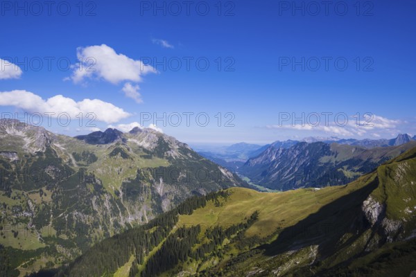 View from the Rappenseehuette into the Stillachtal valley as far as Oberstdorf, Allgäu Alps,
