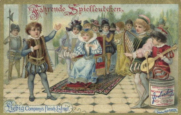 Picture series Children as travelling minstrels, Liebig picture, digitally restored reproduction of