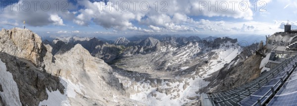 Mountain station at the summit of the Zugspitze, panorama, mountain panorama with golden summit