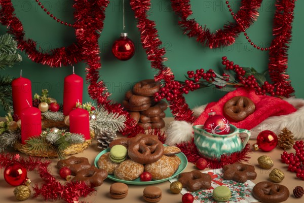 Table with Christmas decorations, biscuits and Advent wreath with red candles, framed by garlands