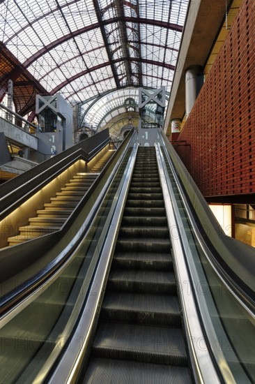 Empty escalator, station concourse, historic Antwerp-Centraal railway station, Antwerp, Flanders,