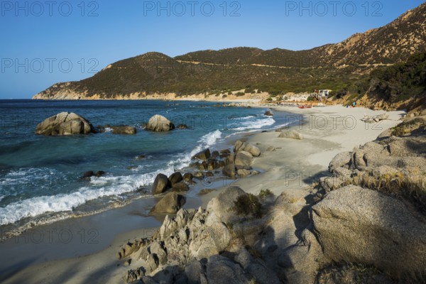 Lonely sandy beach and rocks, Spiaggia di Porto Sa Ruxi, Villasimius, south coast, Sardinia, Italy,