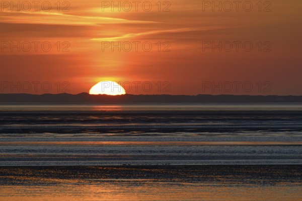 Sunset over the North Sea at low tide, the outline of the island of Juist on the horizon,