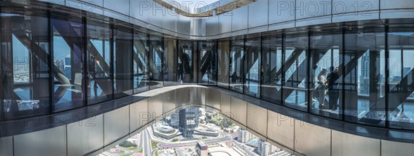 UAE, Skywalk Sky Views observation deck. Dubai panoramic skyline of city downtown and Dubai Mall.