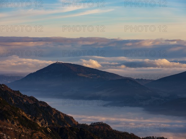 Gaisberg above the high fog cover at sunrise, Salzachtal, Hallein, Land Salzburg, Austria, Europe
