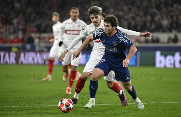 Duel, action Ameen Al-Dakhil VfB Stuttgart (02) against Joao Neves FC Paris Saint-Germain PSG (87)