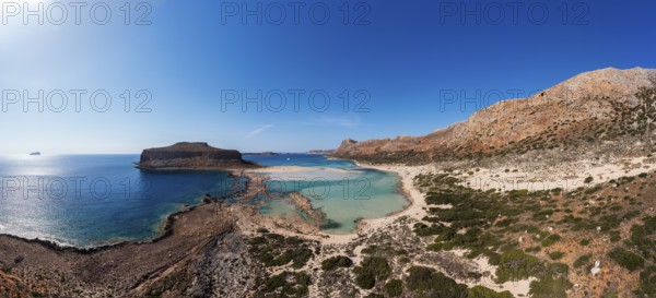 Drone shot, beach and bay of Balos, Gramvousa peninsula, Kolimbari, West Crete, Crete, Greece,