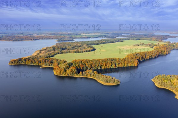 Aerial view over lake Schaalsee at Biosphärenreservat Schaalsee in autumn, fall,