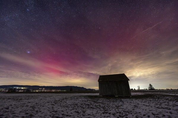 Northern Lights, Aurora borealis, violet, pink, red, hut, stars, Loisach-Lake Kochel-Moor,