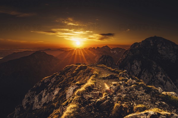 Sunrise hiking tour on the Säuling in the Allgäu in Bavaria, Germany, Europe