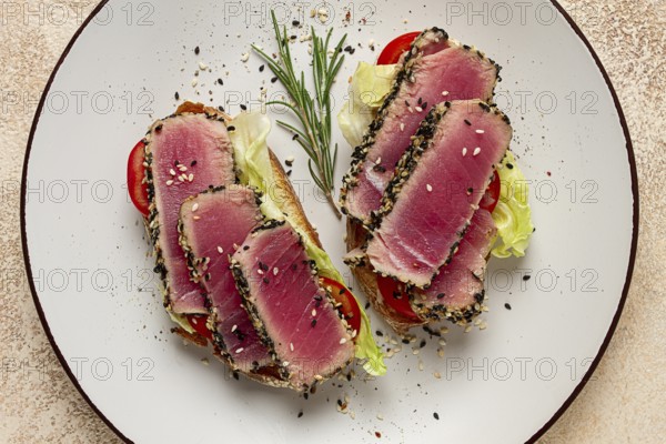 Sandwiches with fried tuna fillet, sesame, breakfast, top view, homemade