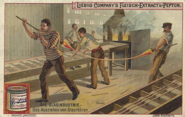 Picture series The glass industry, The drawing of glass tubes, Liebig picture, digitally restored