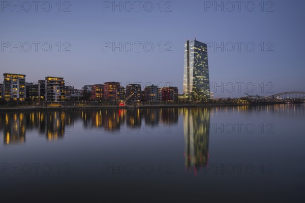 European Central Bank, ECB, in the evening twilight, blue hour, harbour park, Frankfurt am Main,