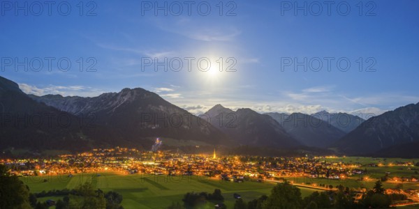Oberstdorf at night and full moon, Allgäu Alps, Allgaeu, Bavaria, Germany, Europe