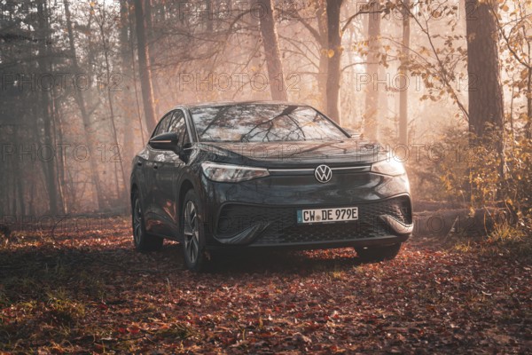 A Volkswagen is located in an autumnal misty forest and is illuminated by the evening light,