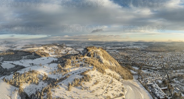 Aerial view, panorama of the snow-covered Hegau volcano Hohentwiel with Germany's largest castle